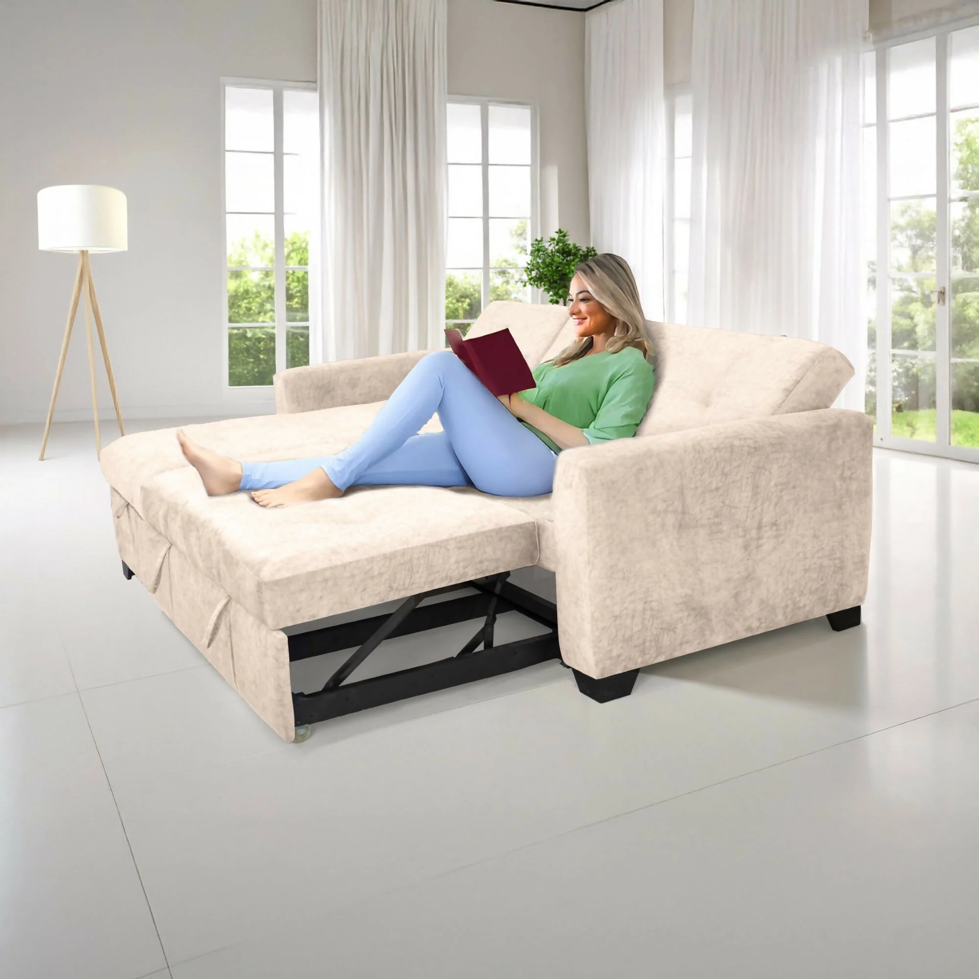 SOFA CAMA EN L ATLAS DERECHO 220X160X92 CON BAUL TELA BEIGE - Image 6