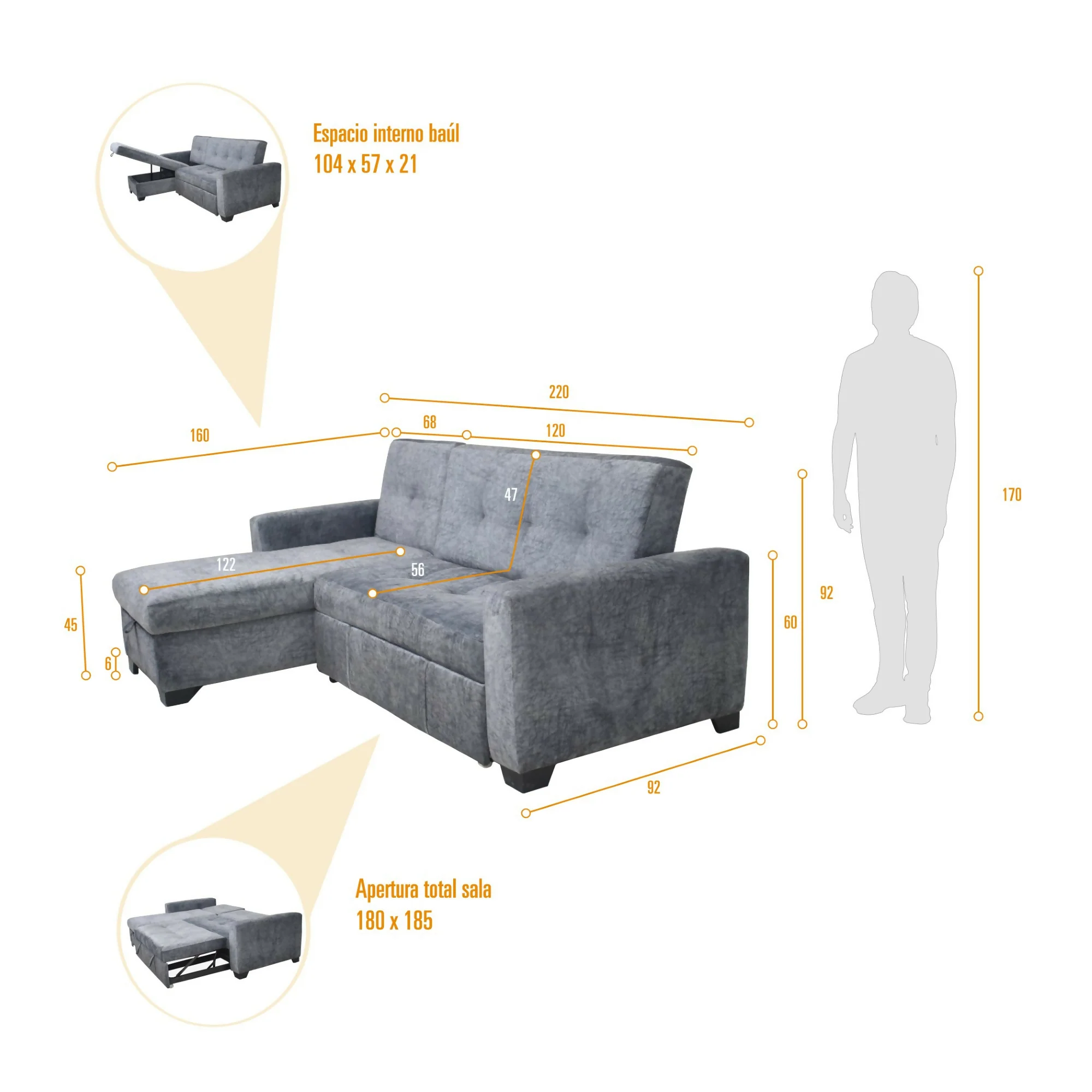 SOFA CAMA EN L ATLAS DERECHO 220X160X92 CON BAUL TELA BEIGE - Image 7