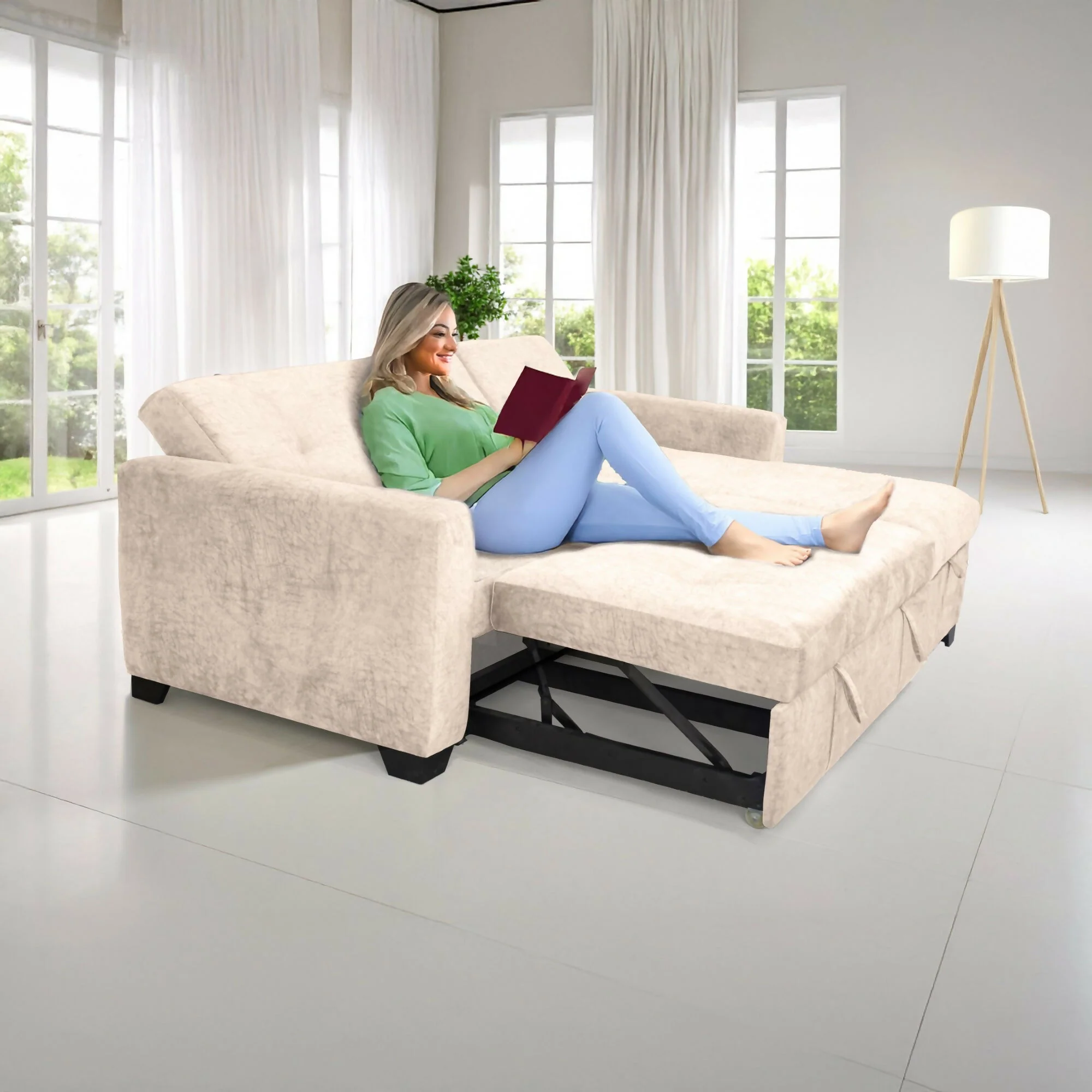 SOFA CAMA EN L ATLAS IZQUIERDO 220X160X92 CON BAUL TELA BEIGE - Image 6