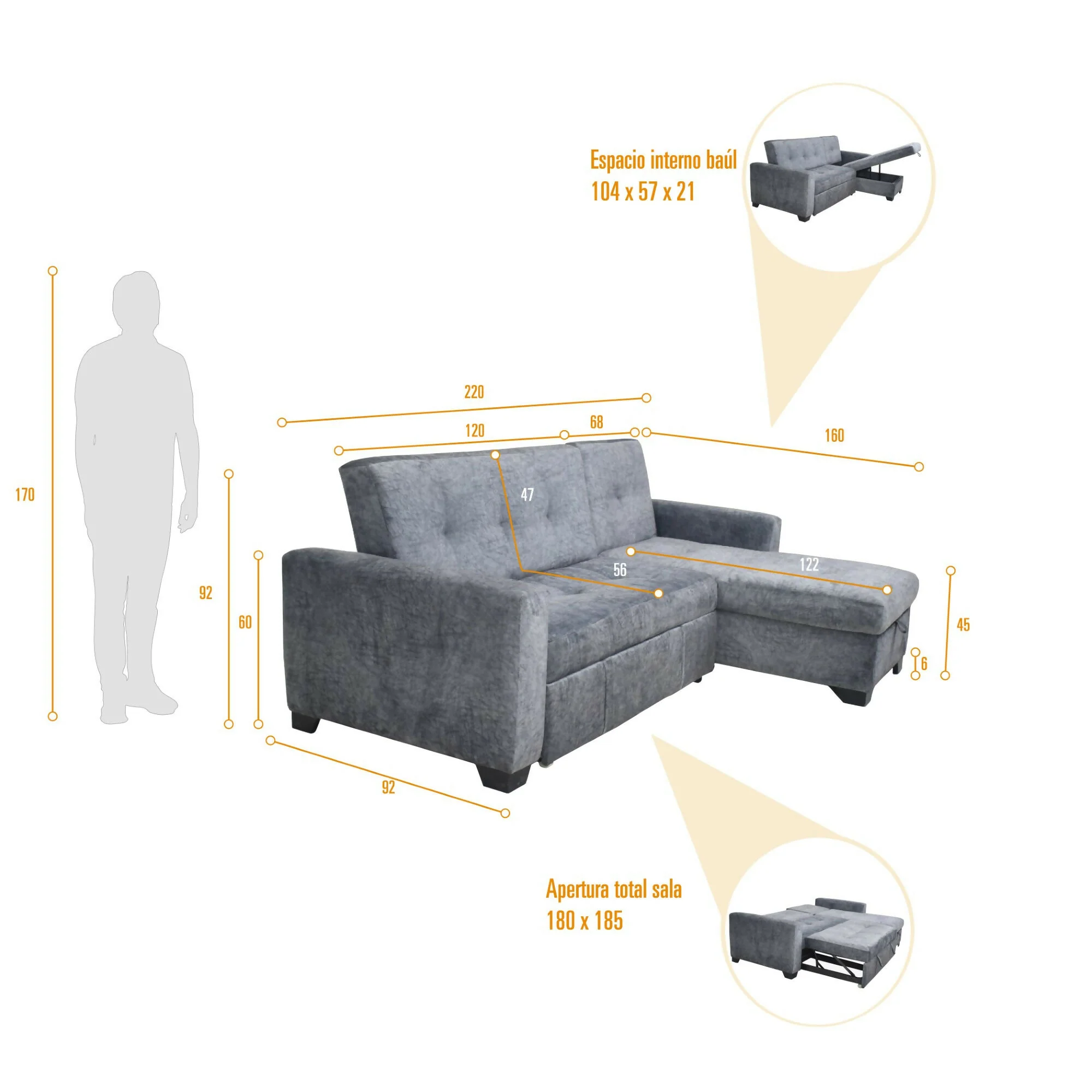 SOFA CAMA EN L ATLAS IZQUIERDO 220X160X92 CON BAUL TELA BEIGE - Image 7