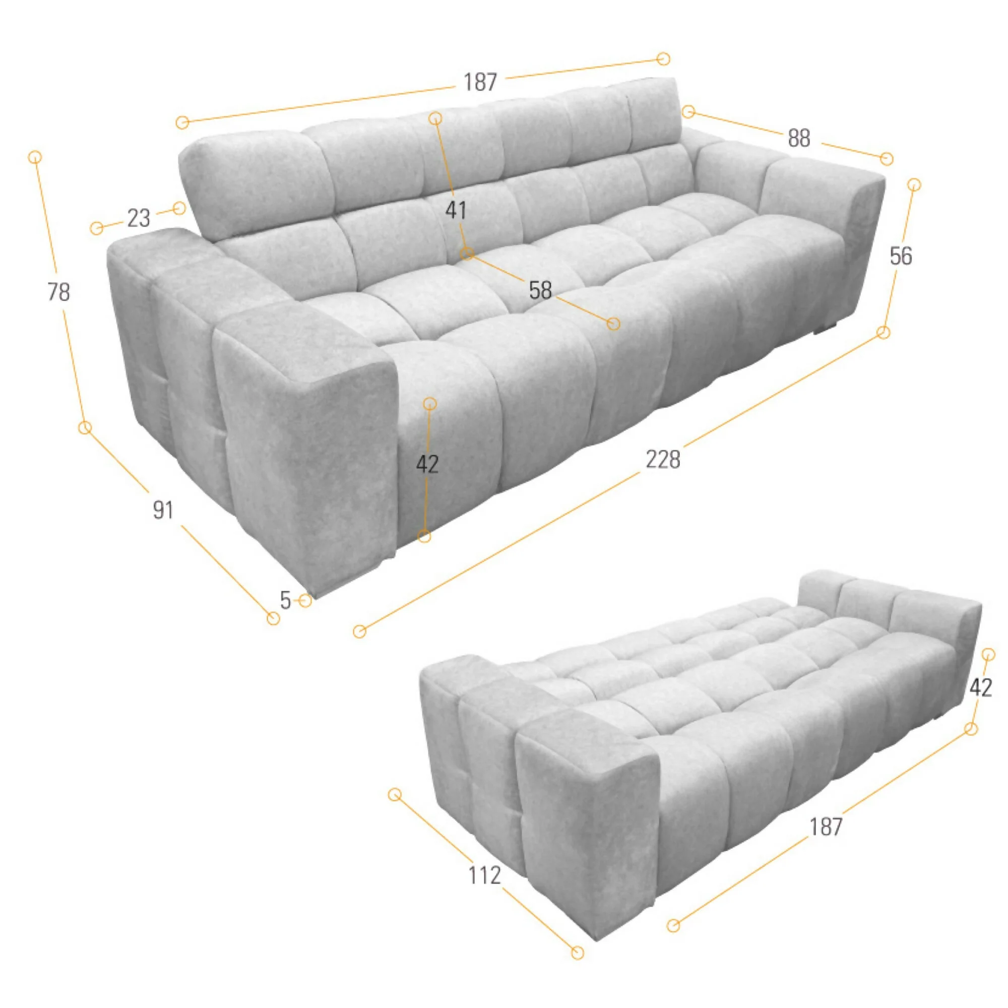 SOFA CAMA MIAMI 228X91X78 RECLINABLE TELA ACOLCHADA PLATA - Image 7