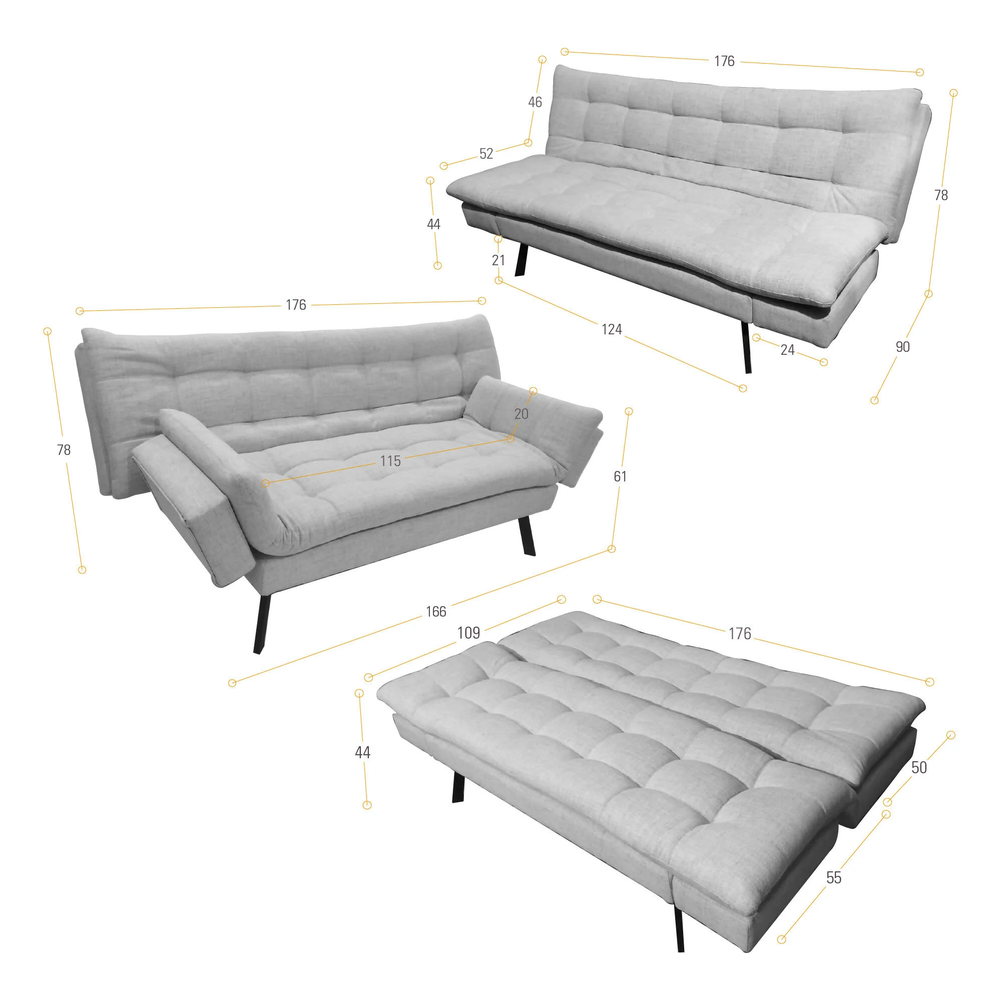 SOFA CAMA MILAN 176X90X78 RECLINABLE 3 POSICIONES TELA TAUPE - Image 8