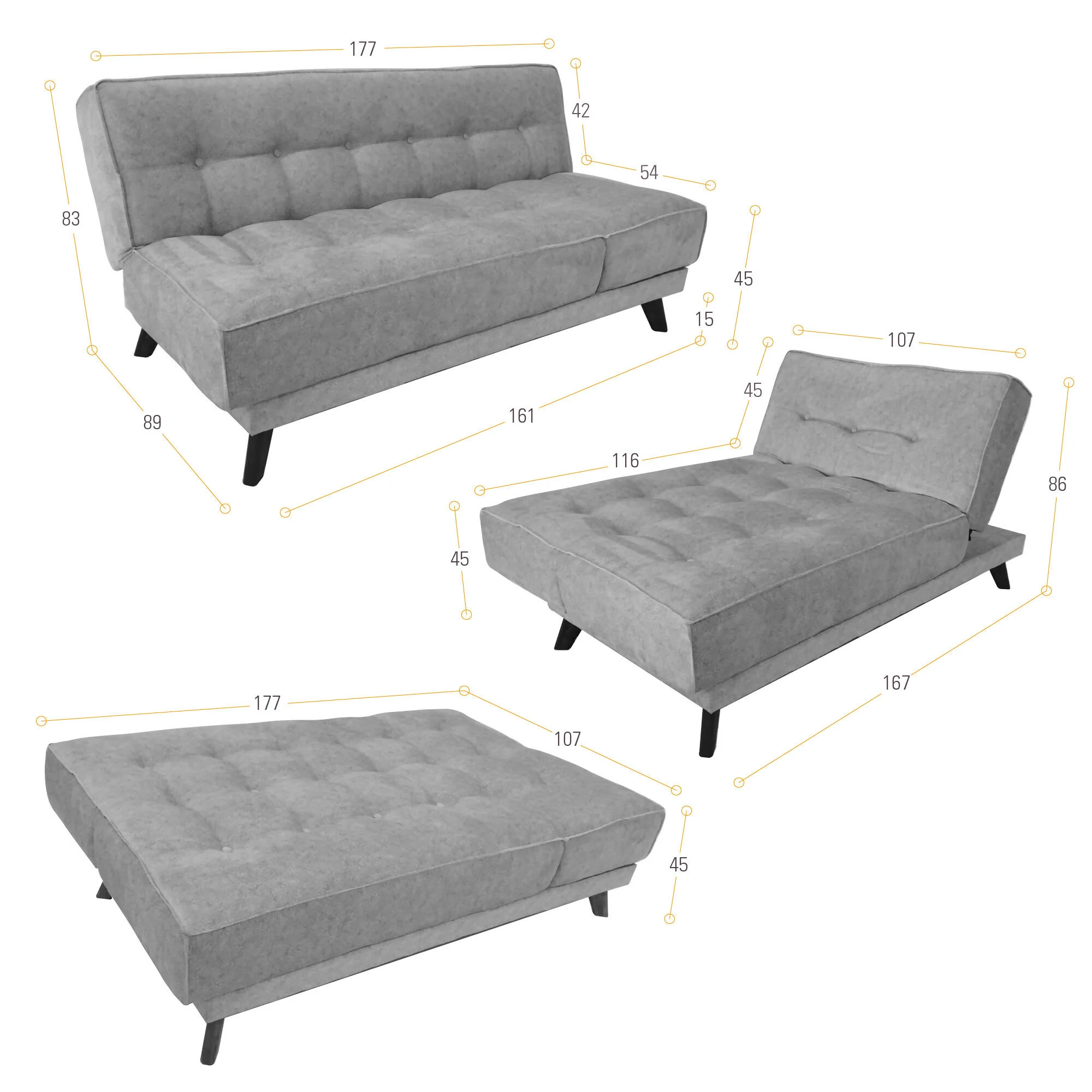 SOFA CAMA PETRA 177X89X83 RECLINABLE EN 5 POSICIONES TELA PLATA - Image 7
