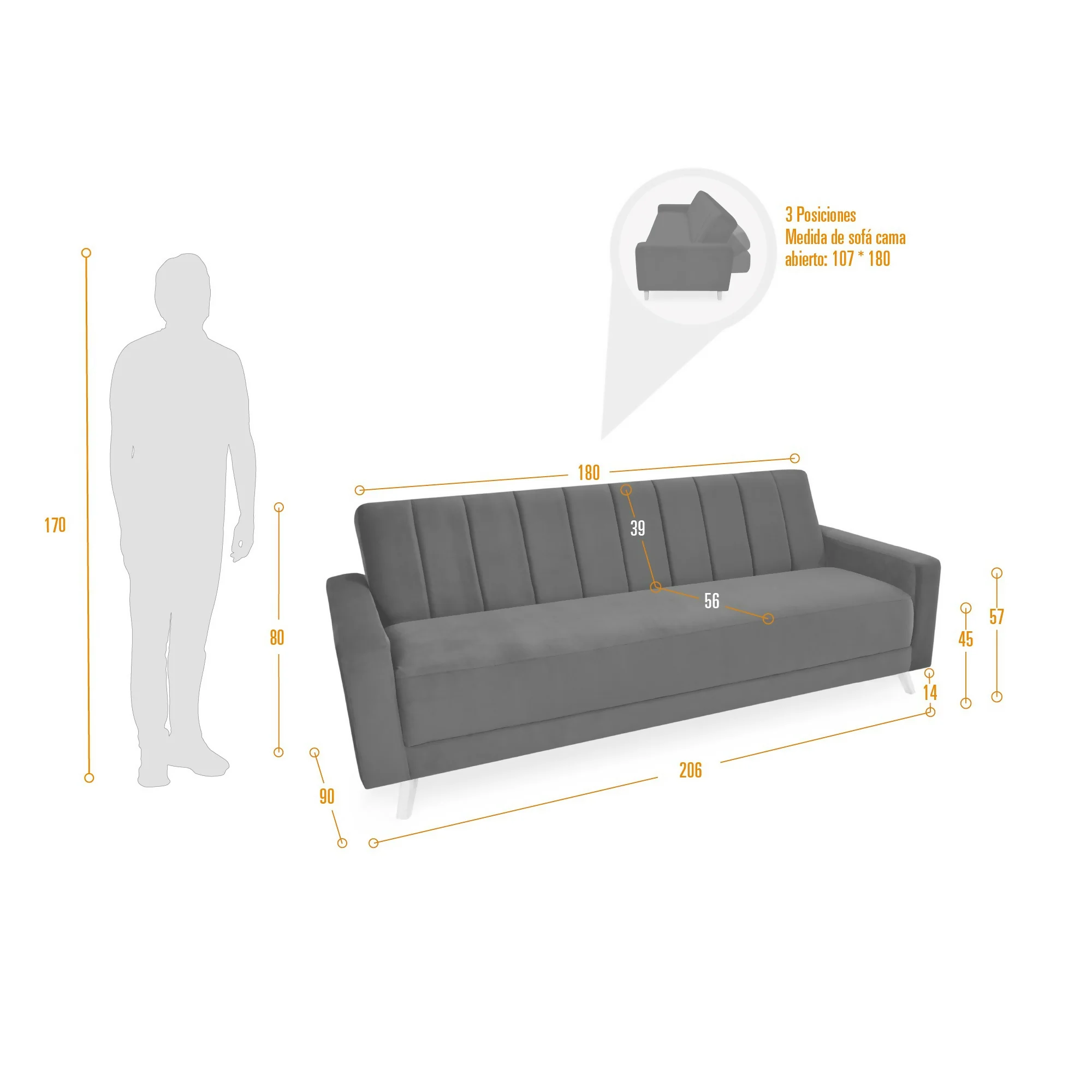 SOFA CAMA RECLINABLE DOMINIC 206X90X80 TELA GRIS - Image 8