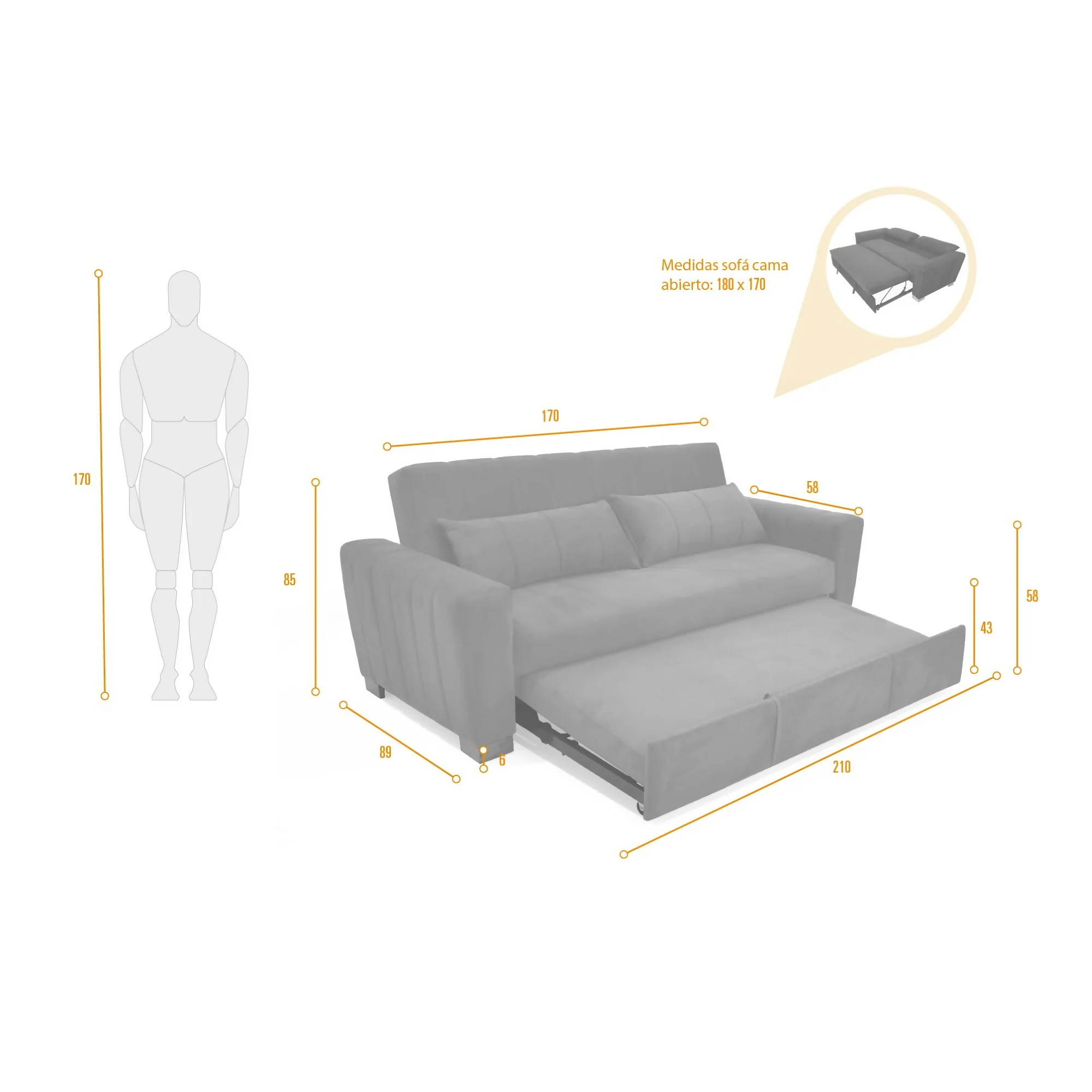 SOFA CAMA RECLINABLE HANNOVER 210X89X85 TELA GRIS - Image 9