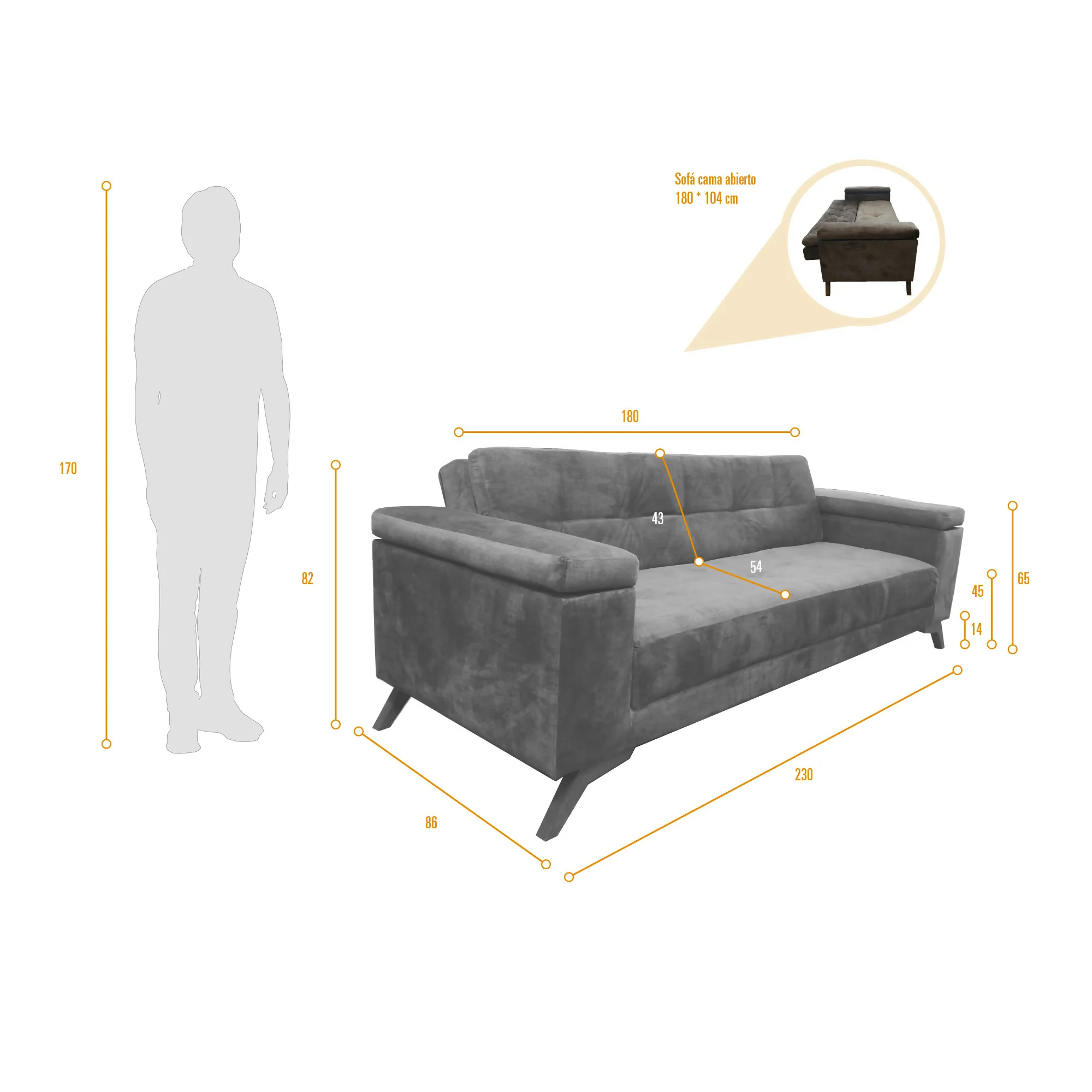SOFA CAMA RECLINABLE MORETTO 230X86X82 TELA GRIS - Image 7