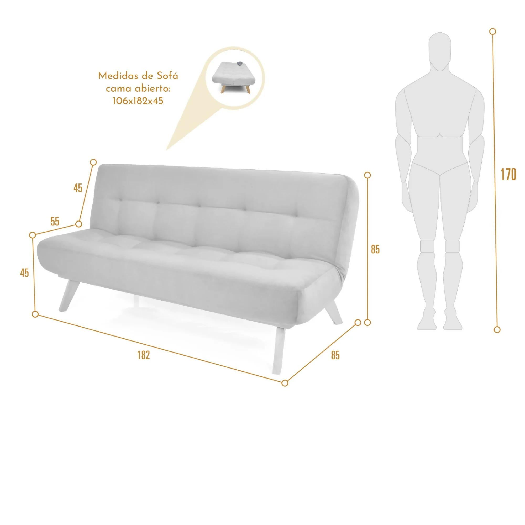 SOFA CAMA RECLINABLE PORTO 182X85X85 TELA PLATA - Image 6